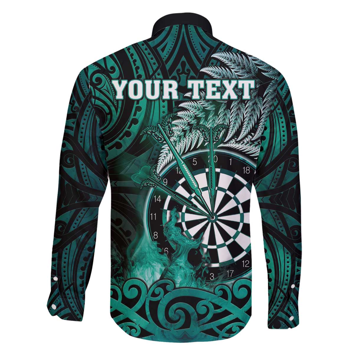 Personalised New Zealand Darts Family Matching Off The Shoulder Long Sleeve Dress and Hawaiian Shirt Maori Koru Dartboard Turquoise Flame LT05 - Polynesian Pride