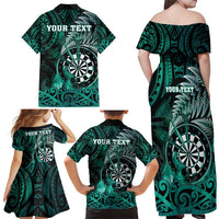 Personalised New Zealand Darts Family Matching Off Shoulder Maxi Dress and Hawaiian Shirt Maori Koru Dartboard Turquoise Flame LT05 - Polynesian Pride