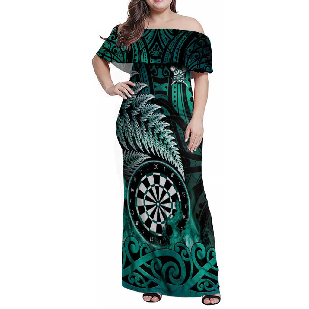 Personalised New Zealand Darts Family Matching Off Shoulder Maxi Dress and Hawaiian Shirt Maori Koru Dartboard Turquoise Flame LT05 Mom's Dress Turquoise - Polynesian Pride