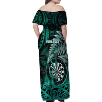 Personalised New Zealand Darts Family Matching Off Shoulder Maxi Dress and Hawaiian Shirt Maori Koru Dartboard Turquoise Flame LT05 - Polynesian Pride