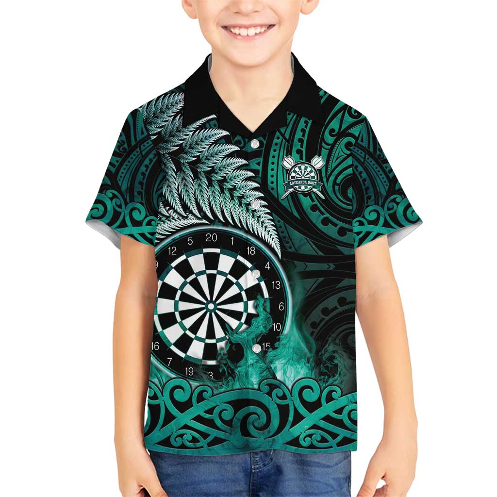Personalised New Zealand Darts Family Matching Off Shoulder Maxi Dress and Hawaiian Shirt Maori Koru Dartboard Turquoise Flame LT05 Son's Shirt Turquoise - Polynesian Pride