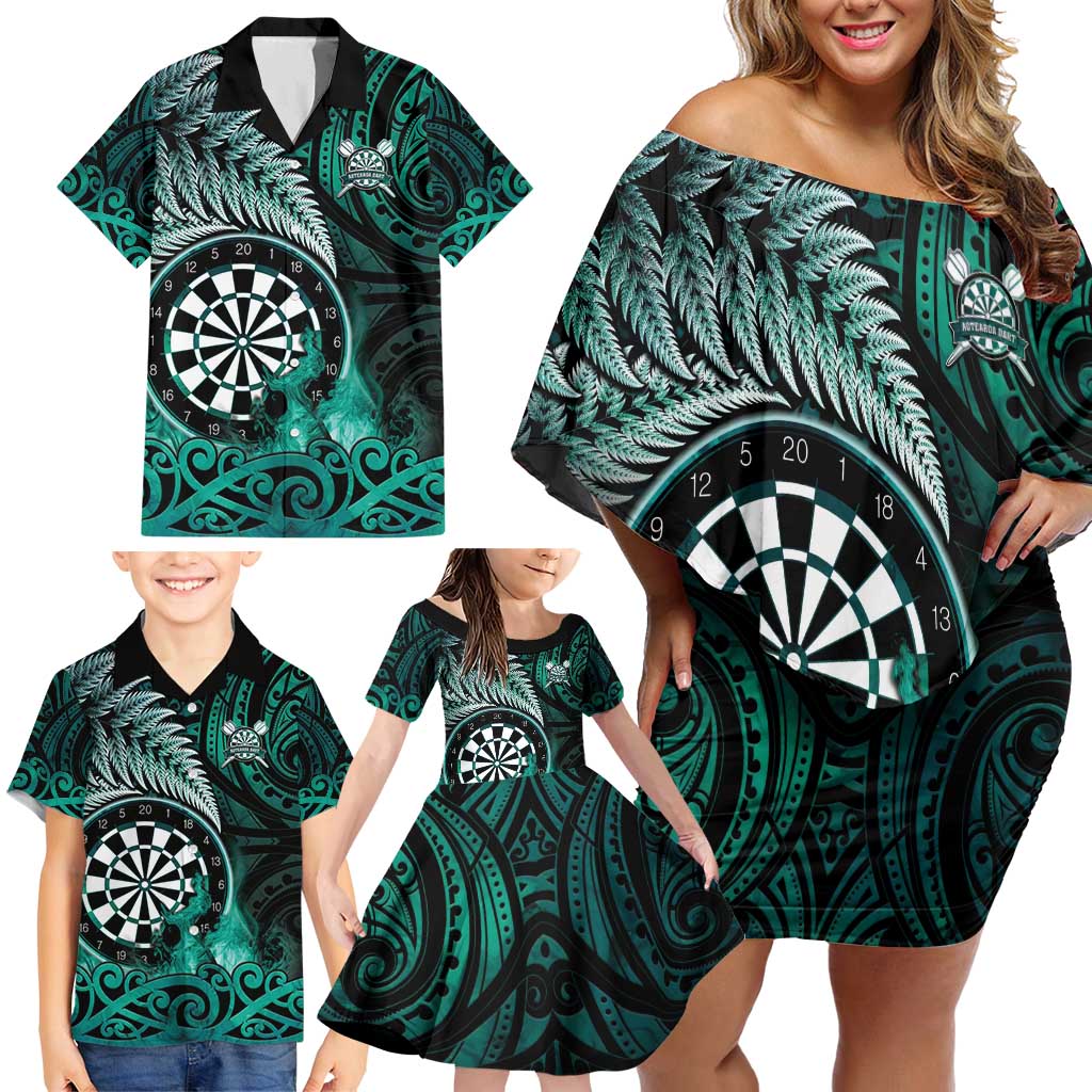 Personalised New Zealand Darts Family Matching Off Shoulder Short Dress and Hawaiian Shirt Maori Koru Dartboard Turquoise Flame LT05 - Polynesian Pride