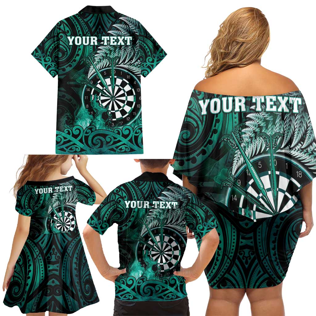 Personalised New Zealand Darts Family Matching Off Shoulder Short Dress and Hawaiian Shirt Maori Koru Dartboard Turquoise Flame LT05 - Polynesian Pride
