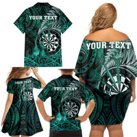 Personalised New Zealand Darts Family Matching Off Shoulder Short Dress and Hawaiian Shirt Maori Koru Dartboard Turquoise Flame LT05 - Polynesian Pride
