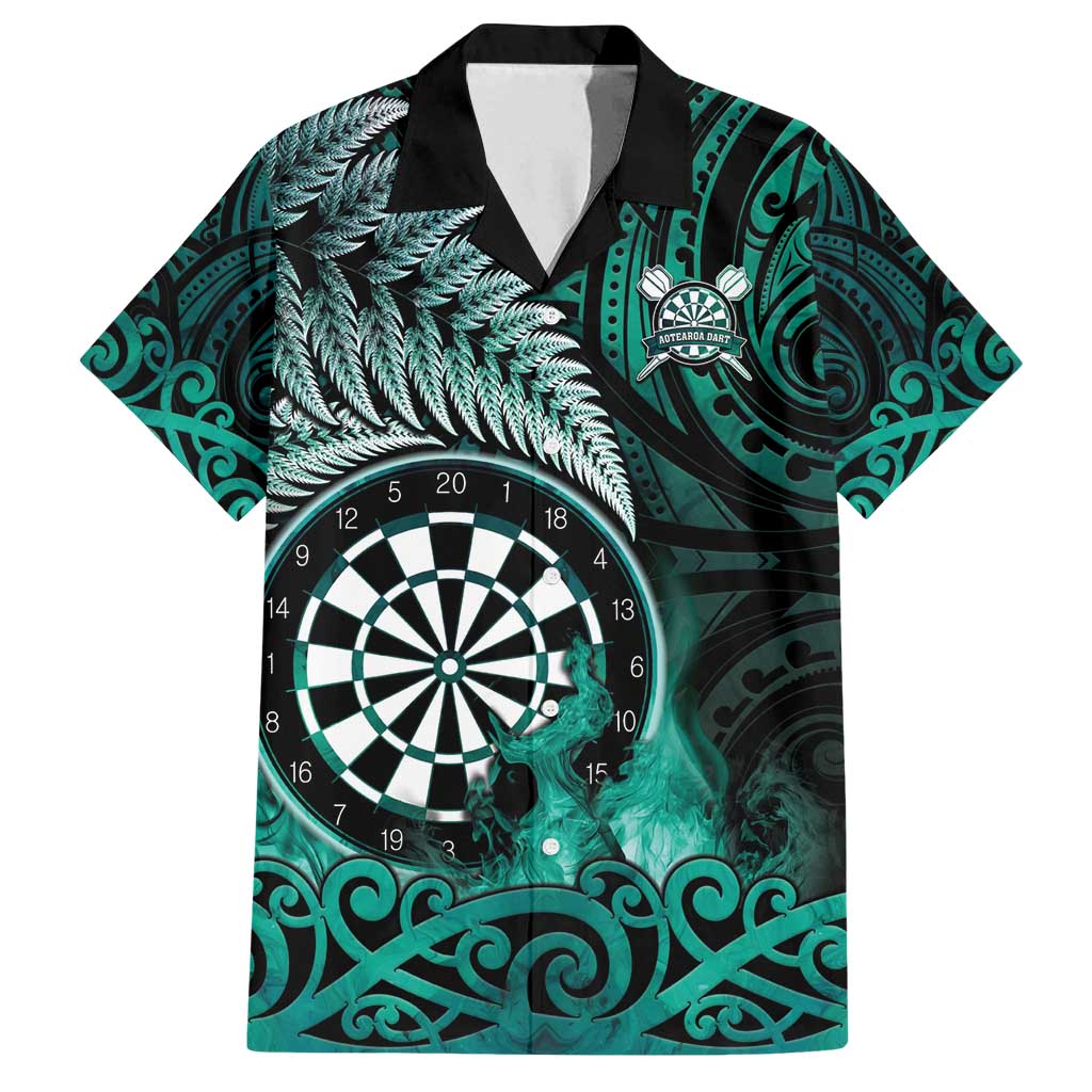 Personalised New Zealand Darts Family Matching Off Shoulder Short Dress and Hawaiian Shirt Maori Koru Dartboard Turquoise Flame LT05 Dad's Shirt - Short Sleeve Turquoise - Polynesian Pride