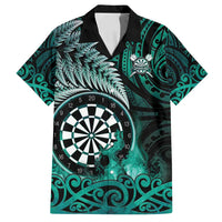 Personalised New Zealand Darts Family Matching Off Shoulder Short Dress and Hawaiian Shirt Maori Koru Dartboard Turquoise Flame LT05 Dad's Shirt - Short Sleeve Turquoise - Polynesian Pride