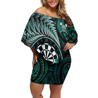 Personalised New Zealand Darts Family Matching Off Shoulder Short Dress and Hawaiian Shirt Maori Koru Dartboard Turquoise Flame LT05 Mom's Dress Turquoise - Polynesian Pride