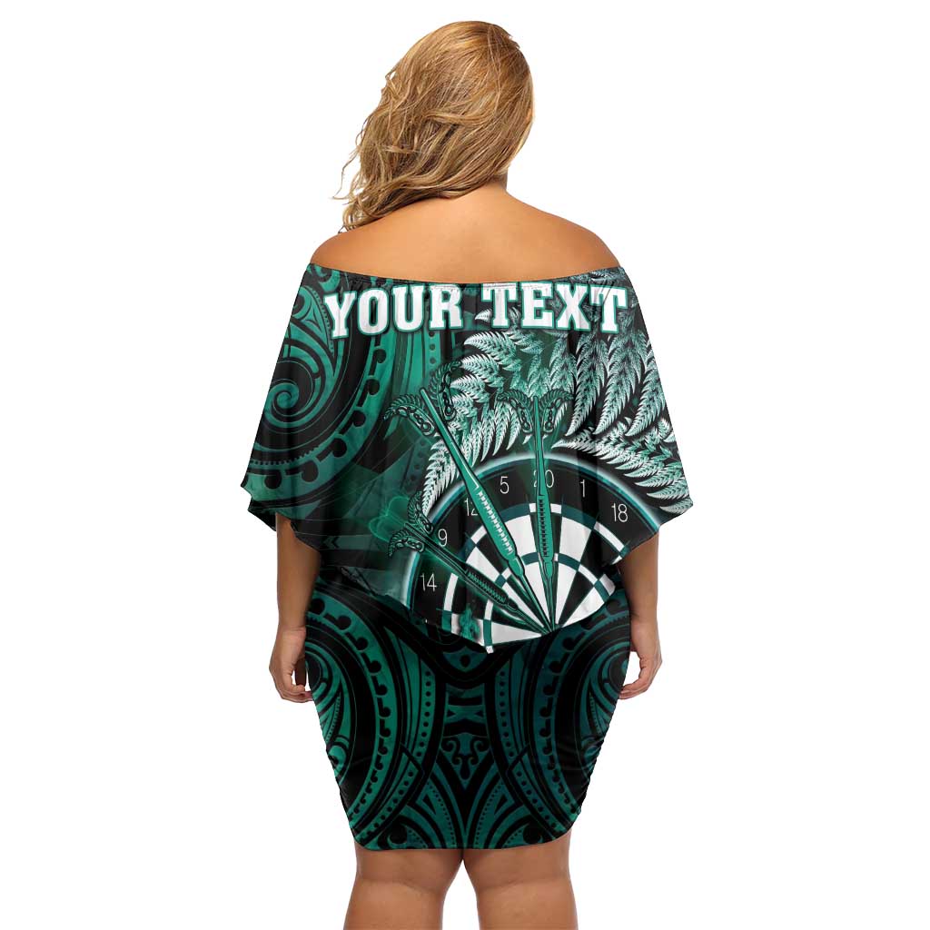 Personalised New Zealand Darts Family Matching Off Shoulder Short Dress and Hawaiian Shirt Maori Koru Dartboard Turquoise Flame LT05 - Polynesian Pride