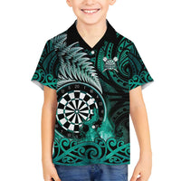 Personalised New Zealand Darts Family Matching Off Shoulder Short Dress and Hawaiian Shirt Maori Koru Dartboard Turquoise Flame LT05 Son's Shirt Turquoise - Polynesian Pride
