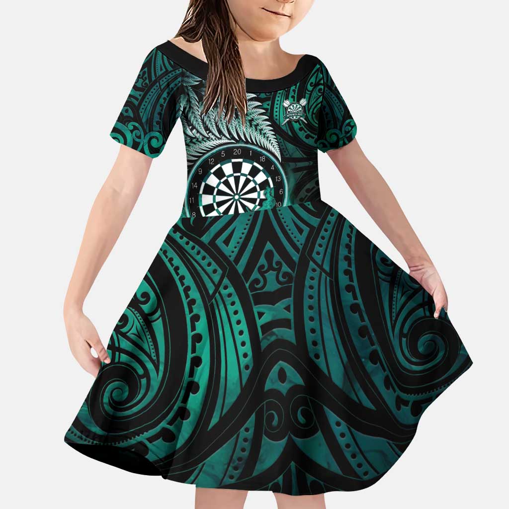 Personalised New Zealand Darts Family Matching Puletasi and Hawaiian Shirt Maori Koru Dartboard Turquoise Flame LT05 Daughter's Dress Turquoise - Polynesian Pride