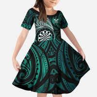 Personalised New Zealand Darts Family Matching Puletasi and Hawaiian Shirt Maori Koru Dartboard Turquoise Flame LT05 Daughter's Dress Turquoise - Polynesian Pride