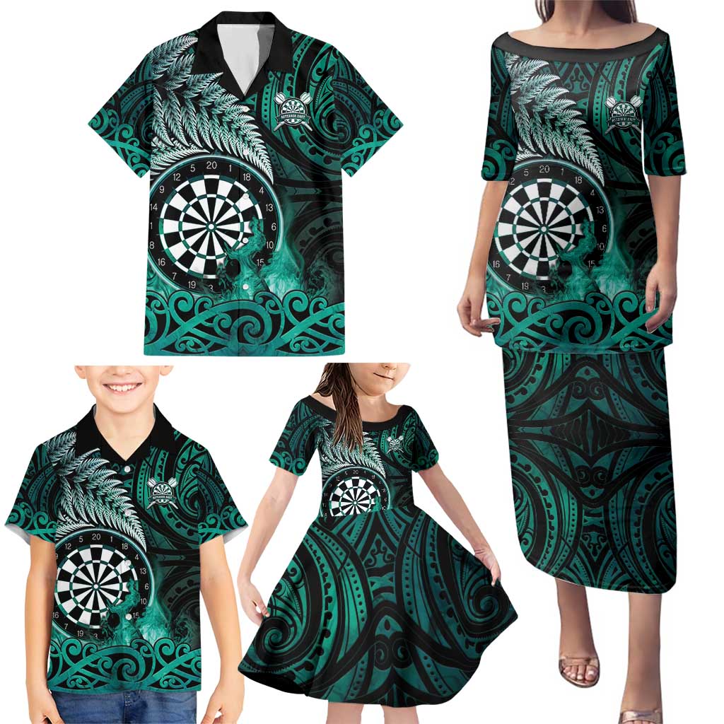 Personalised New Zealand Darts Family Matching Puletasi and Hawaiian Shirt Maori Koru Dartboard Turquoise Flame LT05 - Polynesian Pride
