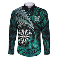 Personalised New Zealand Darts Family Matching Puletasi and Hawaiian Shirt Maori Koru Dartboard Turquoise Flame LT05 Dad's Shirt - Long Sleeve Turquoise - Polynesian Pride
