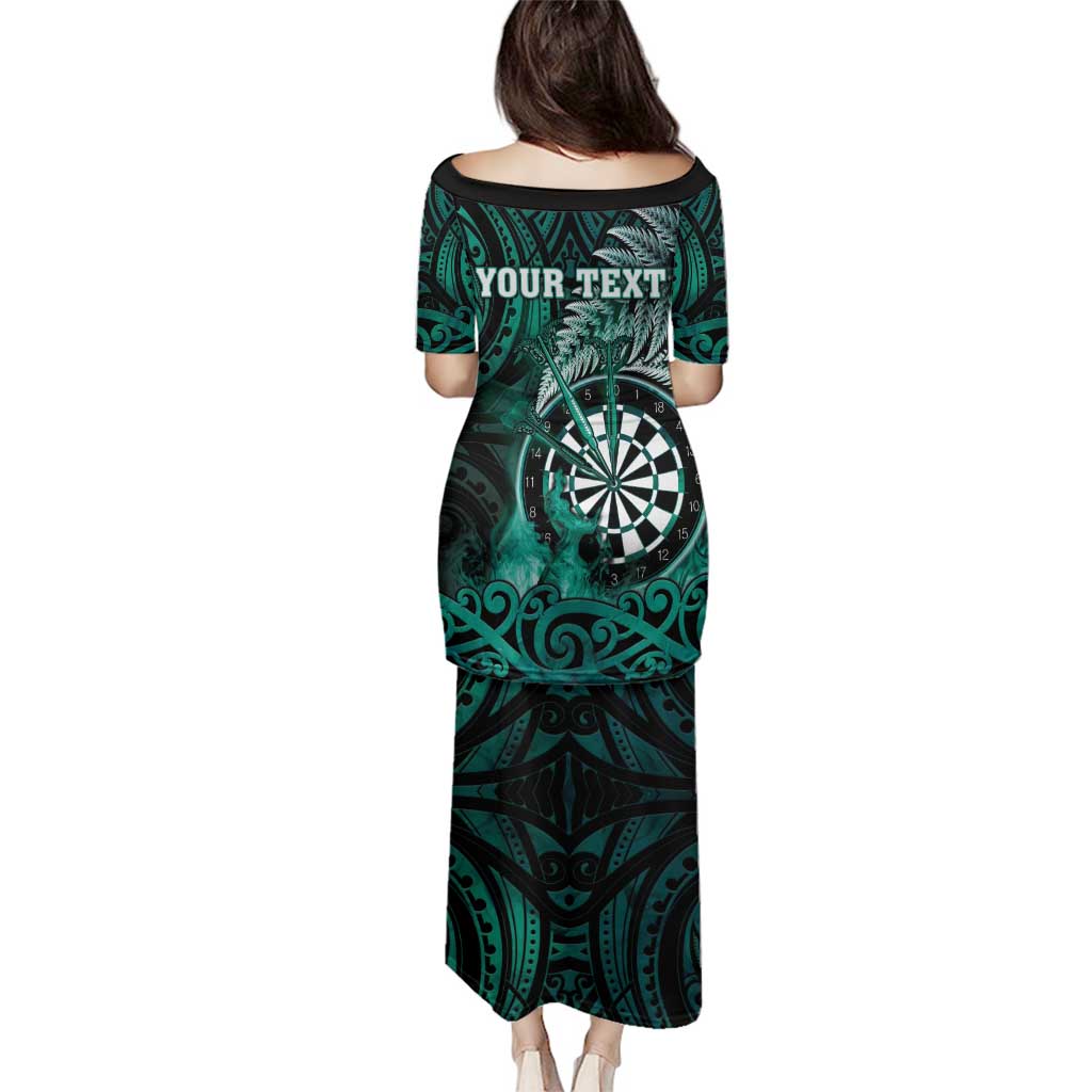 Personalised New Zealand Darts Family Matching Puletasi and Hawaiian Shirt Maori Koru Dartboard Turquoise Flame LT05 - Polynesian Pride