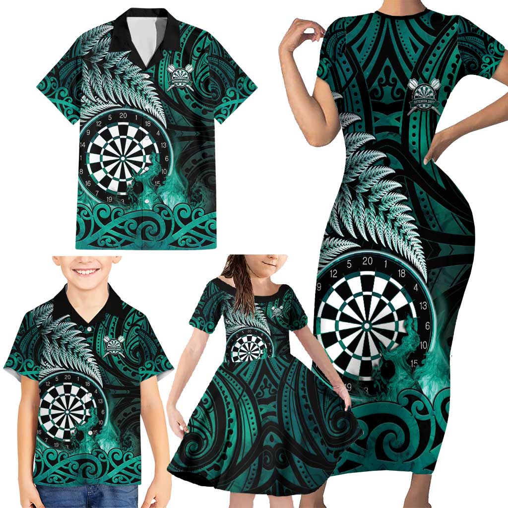 Personalised New Zealand Darts Family Matching Short Sleeve Bodycon Dress and Hawaiian Shirt Maori Koru Dartboard Turquoise Flame LT05 - Polynesian Pride