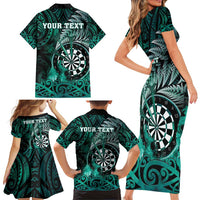 Personalised New Zealand Darts Family Matching Short Sleeve Bodycon Dress and Hawaiian Shirt Maori Koru Dartboard Turquoise Flame LT05 - Polynesian Pride