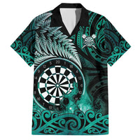 Personalised New Zealand Darts Family Matching Short Sleeve Bodycon Dress and Hawaiian Shirt Maori Koru Dartboard Turquoise Flame LT05 Dad's Shirt - Short Sleeve Turquoise - Polynesian Pride