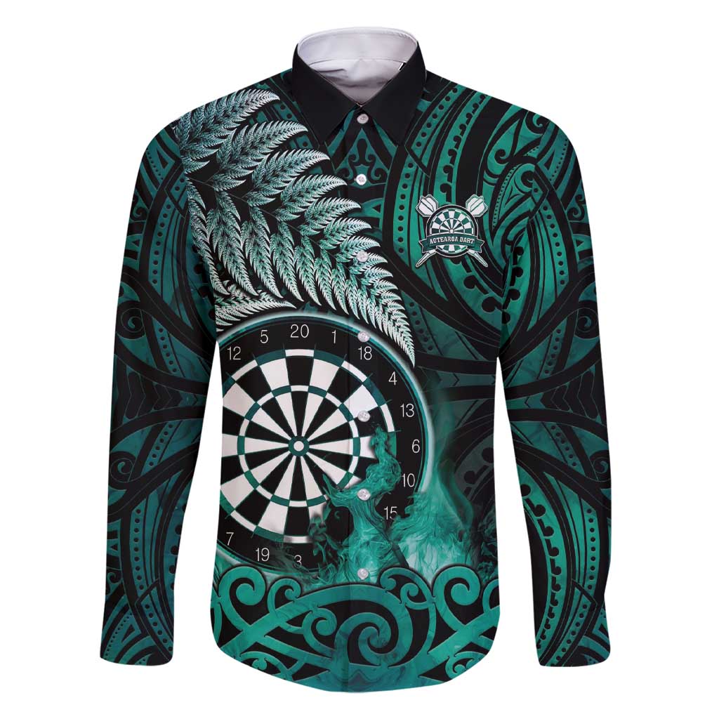 Personalised New Zealand Darts Family Matching Short Sleeve Bodycon Dress and Hawaiian Shirt Maori Koru Dartboard Turquoise Flame LT05 Dad's Shirt - Long Sleeve Turquoise - Polynesian Pride