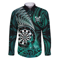 Personalised New Zealand Darts Family Matching Short Sleeve Bodycon Dress and Hawaiian Shirt Maori Koru Dartboard Turquoise Flame LT05 Dad's Shirt - Long Sleeve Turquoise - Polynesian Pride
