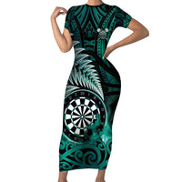 Personalised New Zealand Darts Family Matching Short Sleeve Bodycon Dress and Hawaiian Shirt Maori Koru Dartboard Turquoise Flame LT05 Mom's Dress Turquoise - Polynesian Pride