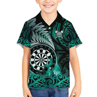 Personalised New Zealand Darts Family Matching Short Sleeve Bodycon Dress and Hawaiian Shirt Maori Koru Dartboard Turquoise Flame LT05 Son's Shirt Turquoise - Polynesian Pride