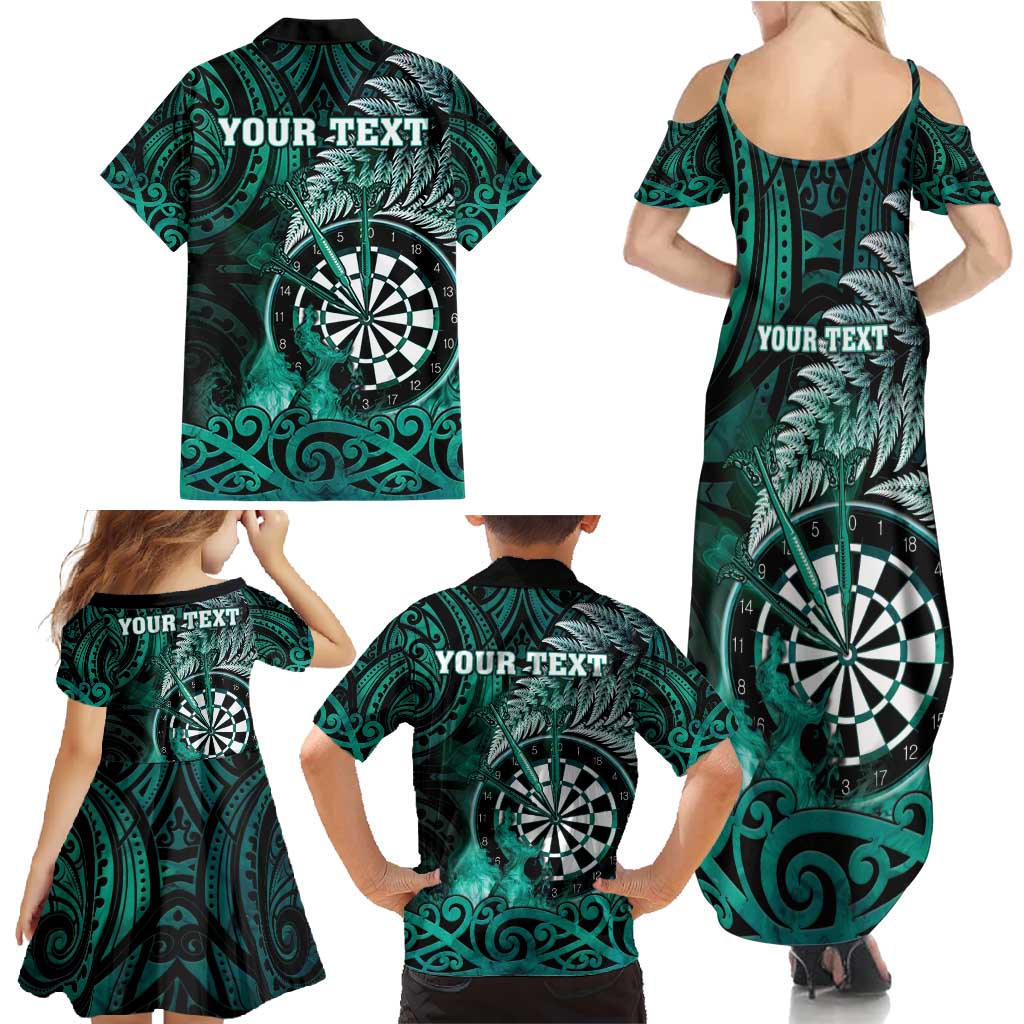 Personalised New Zealand Darts Family Matching Summer Maxi Dress and Hawaiian Shirt Maori Koru Dartboard Turquoise Flame LT05 - Polynesian Pride