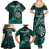Personalised New Zealand Darts Family Matching Summer Maxi Dress and Hawaiian Shirt Maori Koru Dartboard Turquoise Flame LT05 - Polynesian Pride