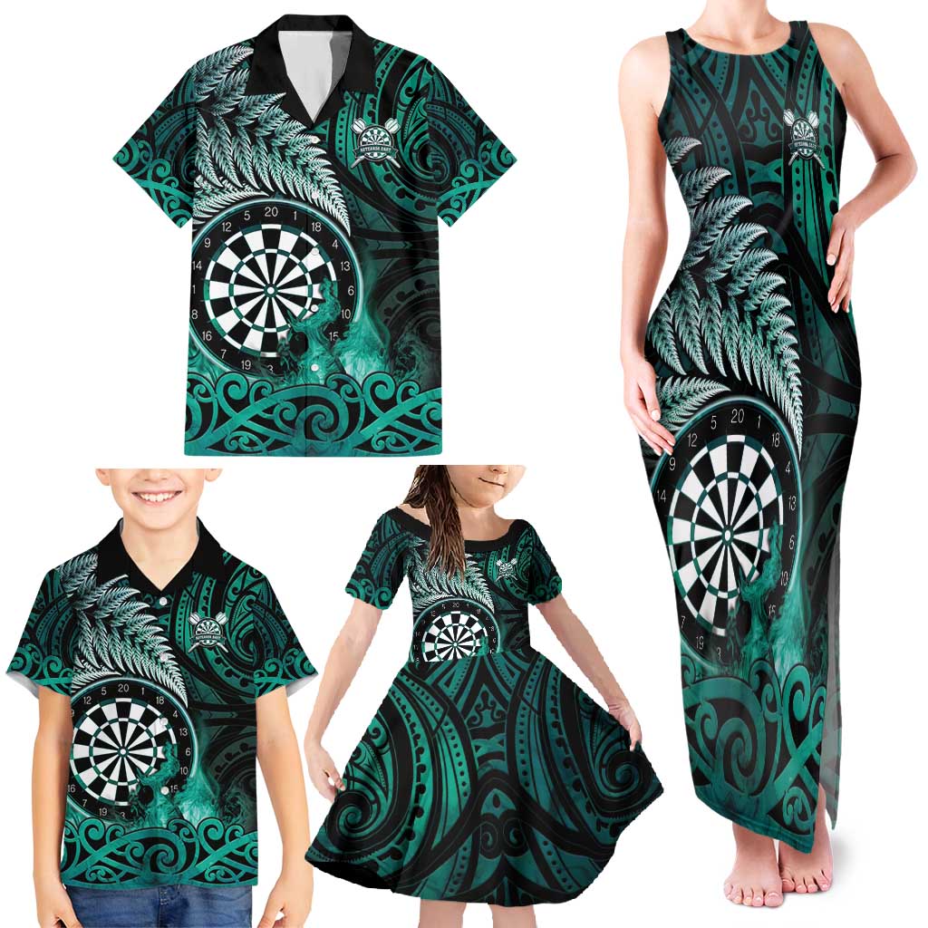Personalised New Zealand Darts Family Matching Tank Maxi Dress and Hawaiian Shirt Maori Koru Dartboard Turquoise Flame LT05 - Polynesian Pride