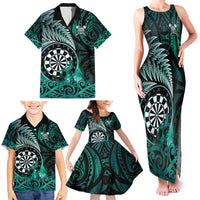Personalised New Zealand Darts Family Matching Tank Maxi Dress and Hawaiian Shirt Maori Koru Dartboard Turquoise Flame LT05 - Polynesian Pride