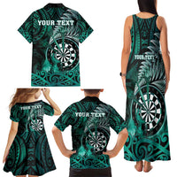 Personalised New Zealand Darts Family Matching Tank Maxi Dress and Hawaiian Shirt Maori Koru Dartboard Turquoise Flame LT05 - Polynesian Pride