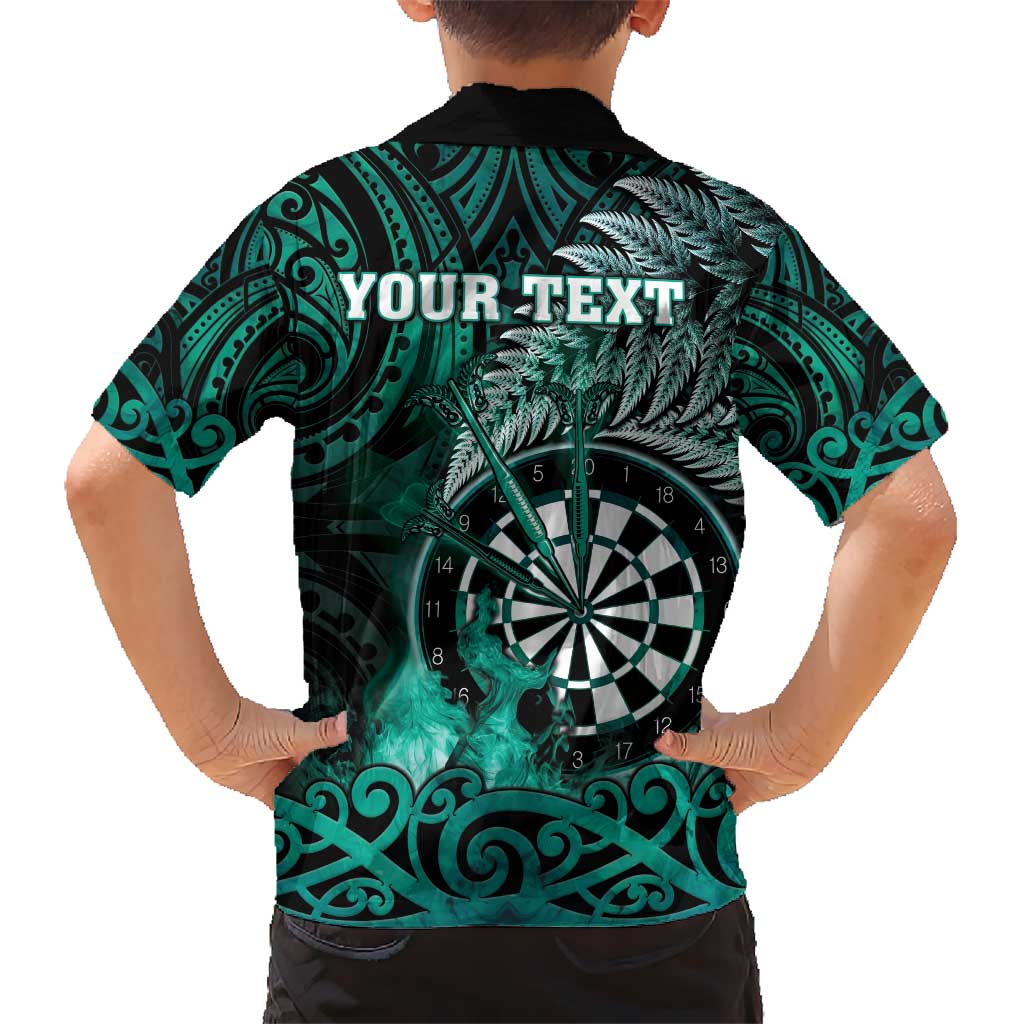 Personalised New Zealand Darts Kid Hawaiian Shirt Maori Koru Dartboard Turquoise Flame