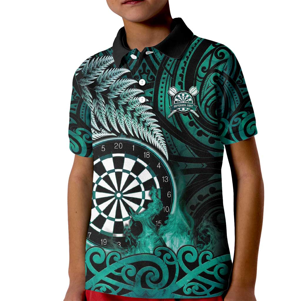 Personalised New Zealand Darts Kid Polo Shirt Maori Koru Dartboard Turquoise Flame