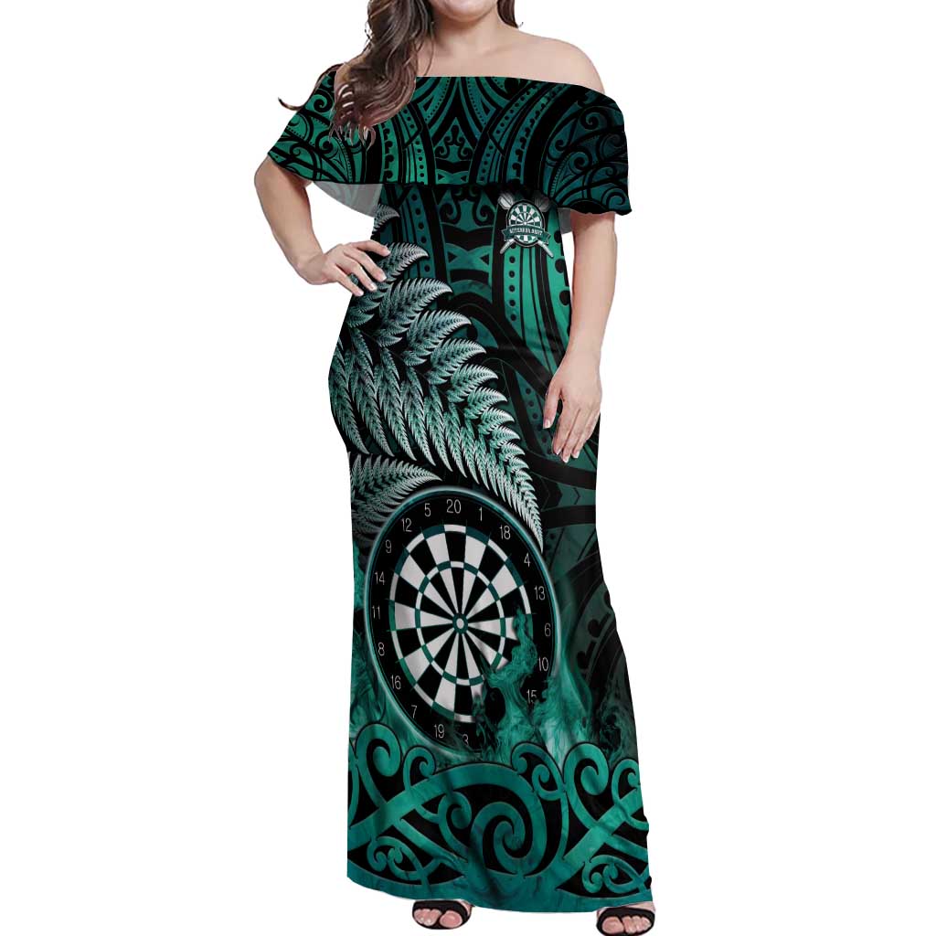 Personalised New Zealand Darts Off Shoulder Maxi Dress Maori Koru Dartboard Turquoise Flame