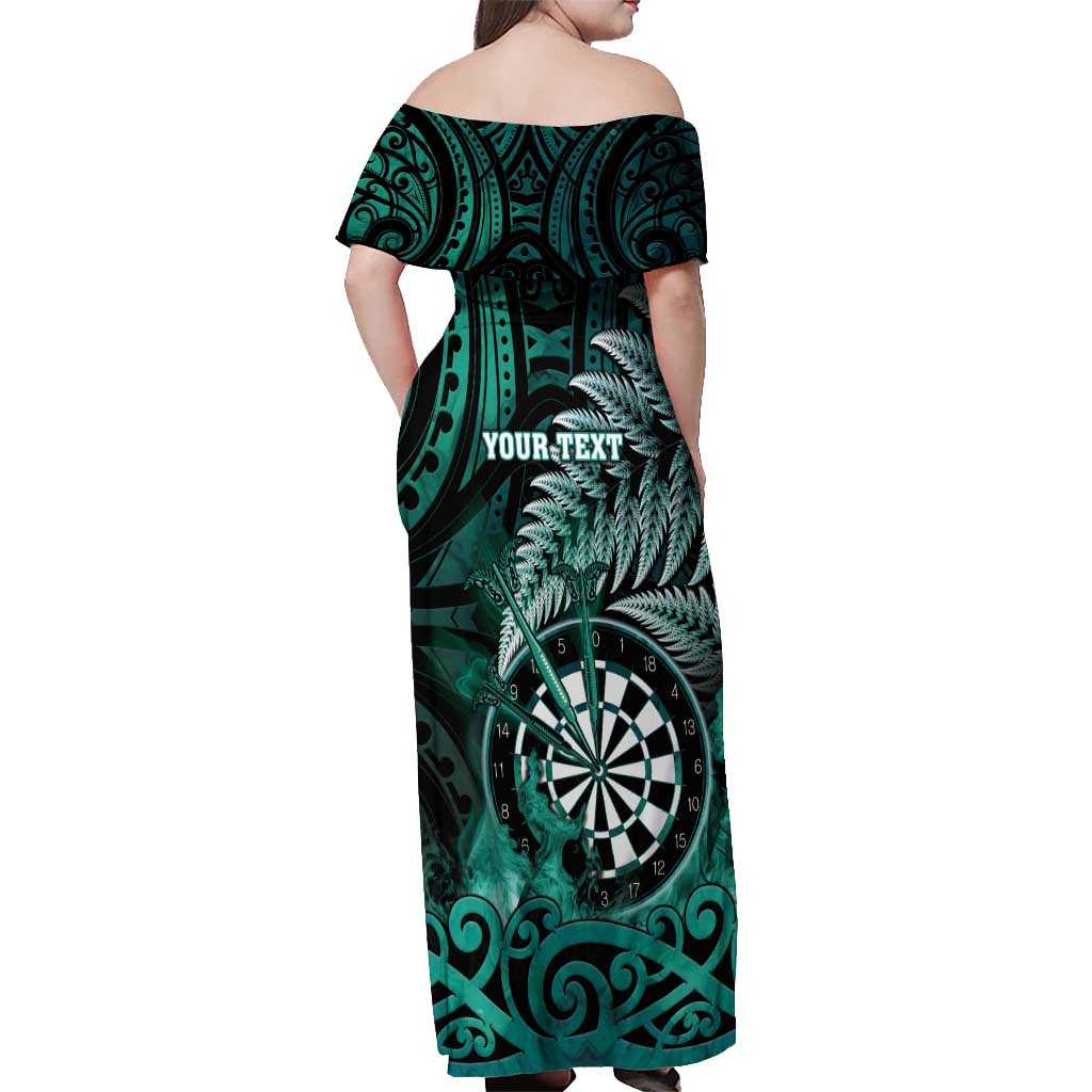Personalised New Zealand Darts Off Shoulder Maxi Dress Maori Koru Dartboard Turquoise Flame