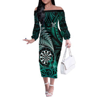 Personalised New Zealand Darts Off The Shoulder Long Sleeve Dress Maori Koru Dartboard Turquoise Flame