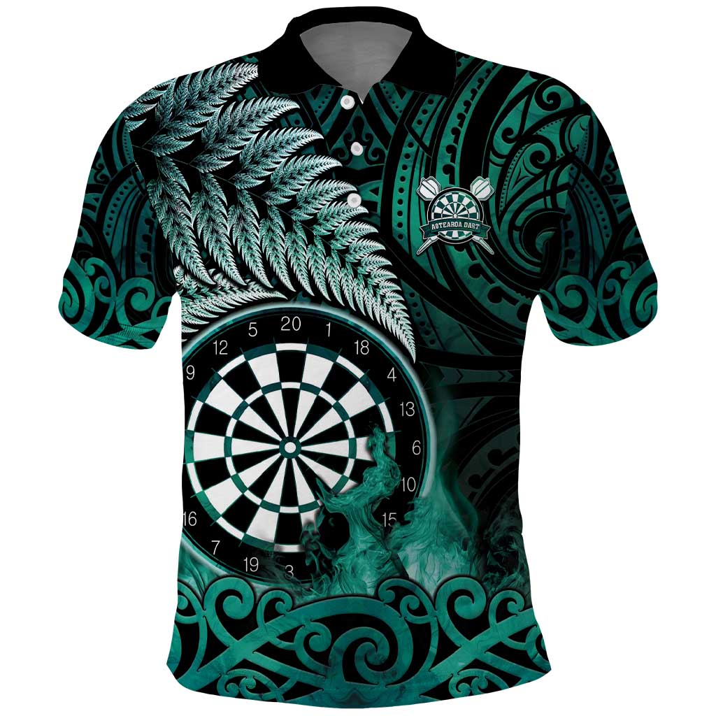 Personalised New Zealand Darts Polo Shirt Maori Koru Dartboard Turquoise Flame