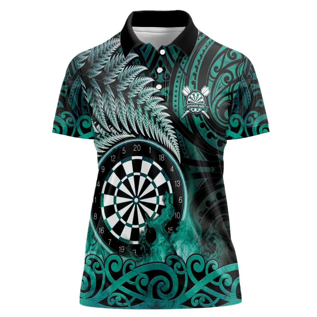 Personalised New Zealand Darts Women Polo Shirt Maori Koru Dartboard Turquoise Flame