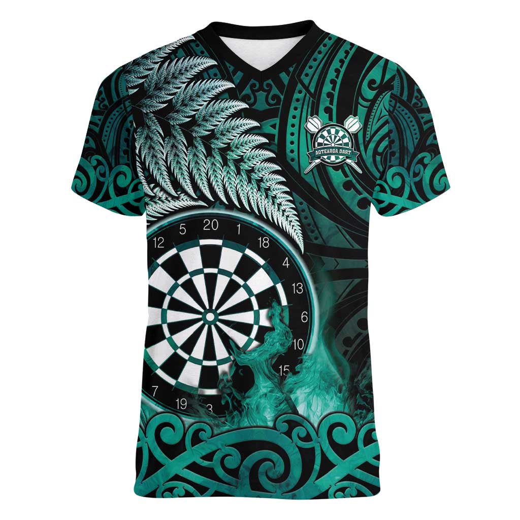Personalised New Zealand Darts Women V-Neck T-Shirt Maori Koru Dartboard Turquoise Flame
