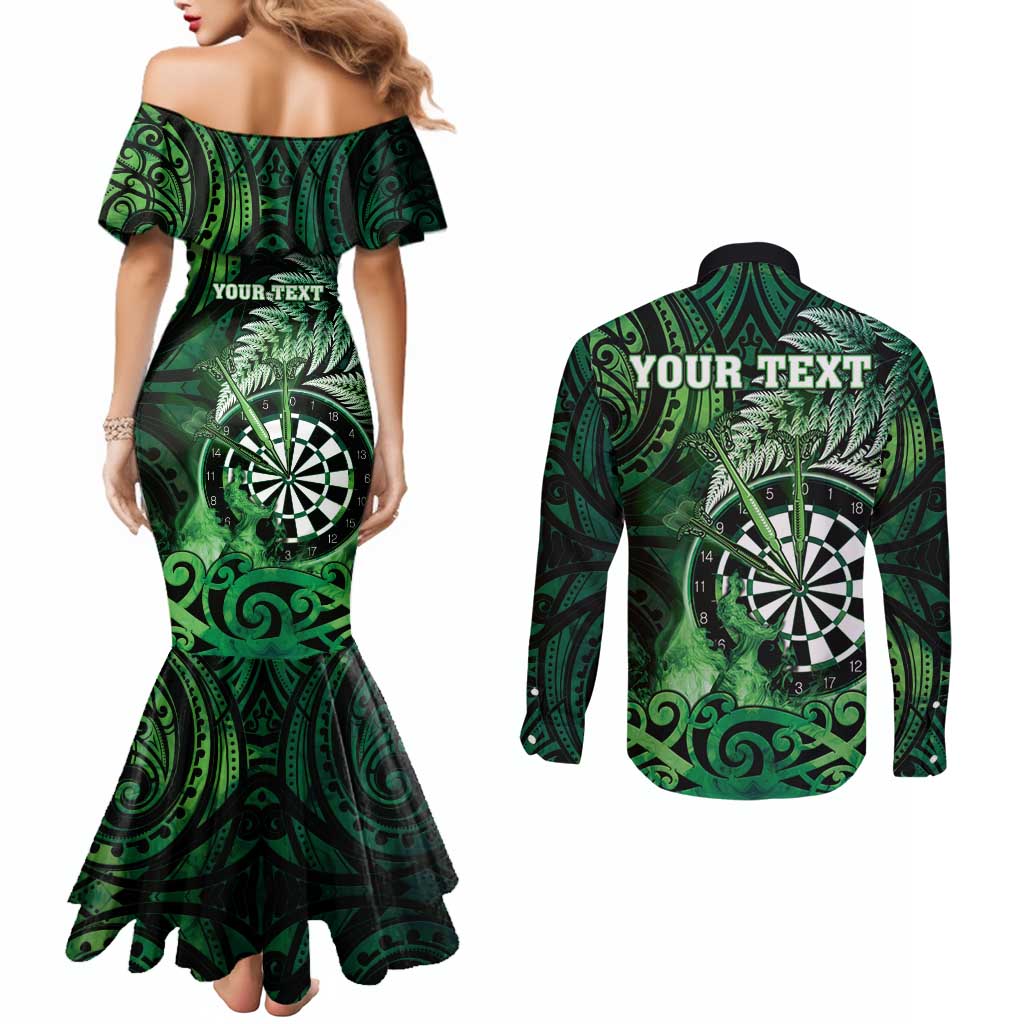 Personalised New Zealand Darts Couples Matching Mermaid Dress and Long Sleeve Button Shirt Maori Koru Dartboard Green Flame LT05 - Polynesian Pride
