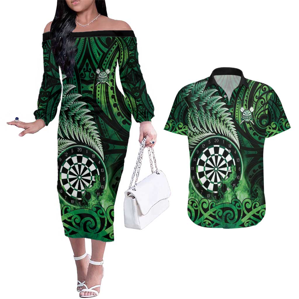 Personalised New Zealand Darts Couples Matching Off The Shoulder Long Sleeve Dress and Hawaiian Shirt Maori Koru Dartboard Green Flame LT05 Green - Polynesian Pride