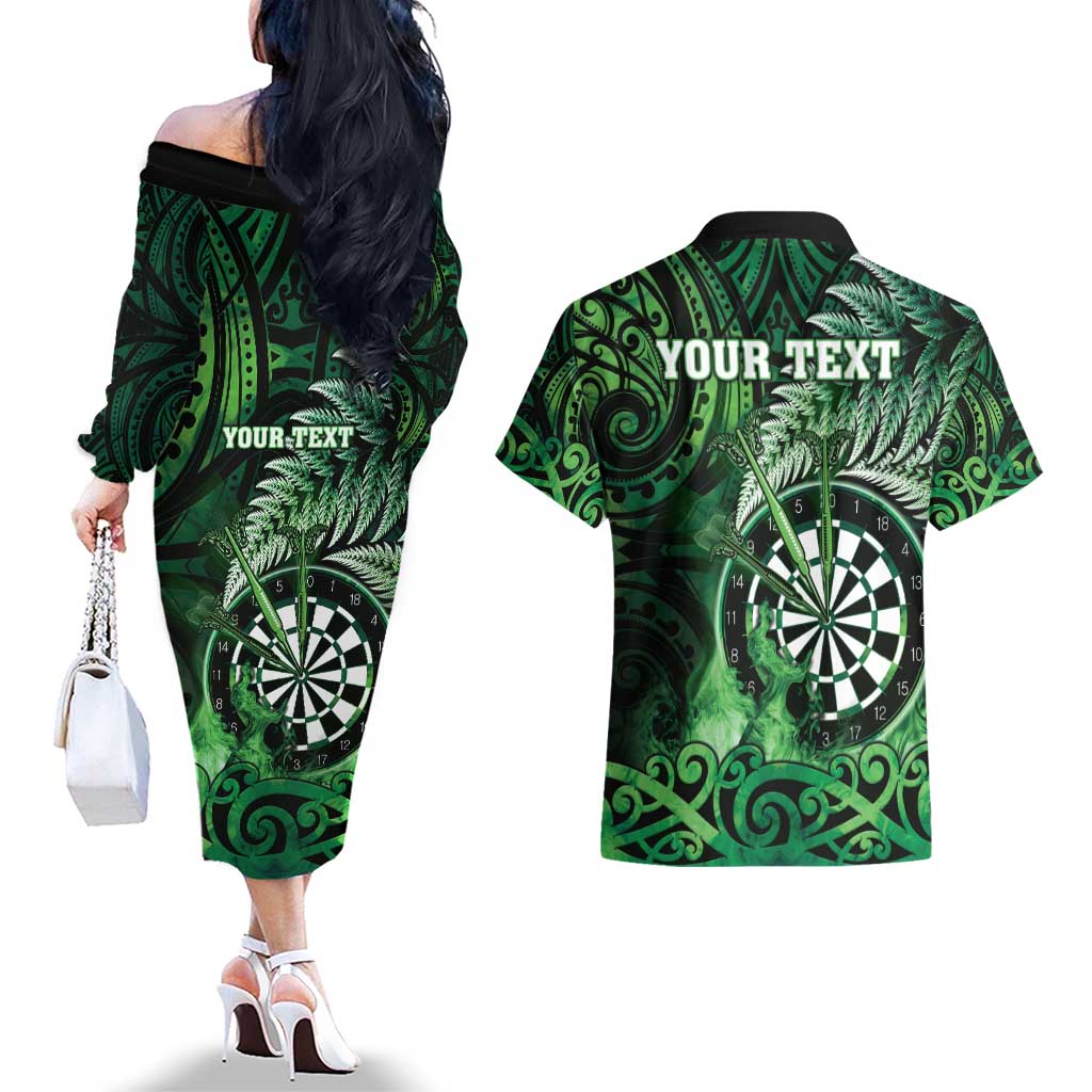 Personalised New Zealand Darts Couples Matching Off The Shoulder Long Sleeve Dress and Hawaiian Shirt Maori Koru Dartboard Green Flame LT05 - Polynesian Pride