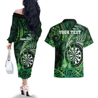 Personalised New Zealand Darts Couples Matching Off The Shoulder Long Sleeve Dress and Hawaiian Shirt Maori Koru Dartboard Green Flame LT05 - Polynesian Pride