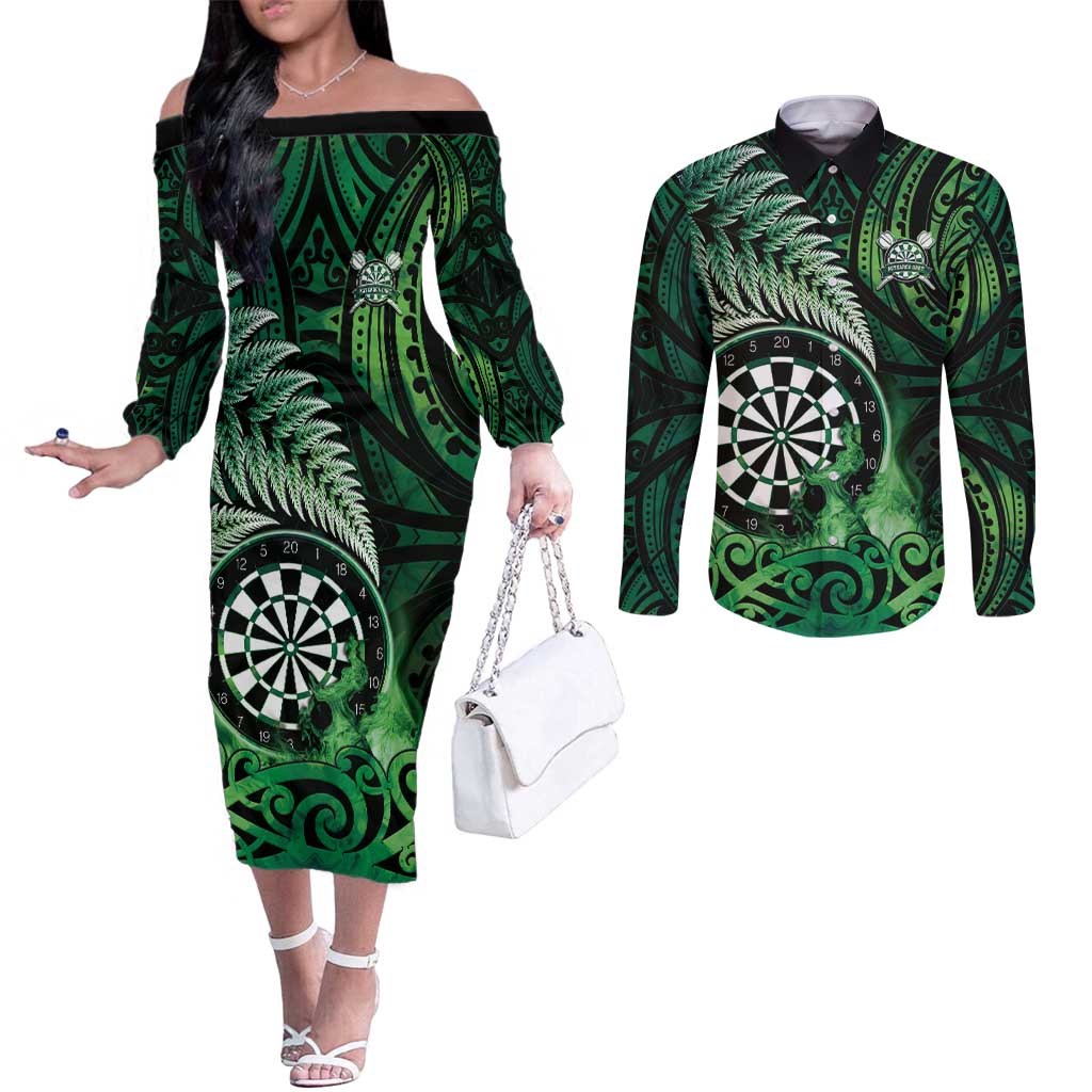 Personalised New Zealand Darts Couples Matching Off The Shoulder Long Sleeve Dress and Long Sleeve Button Shirt Maori Koru Dartboard Green Flame LT05 Green - Polynesian Pride