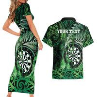 Personalised New Zealand Darts Couples Matching Short Sleeve Bodycon Dress and Hawaiian Shirt Maori Koru Dartboard Green Flame LT05 - Polynesian Pride
