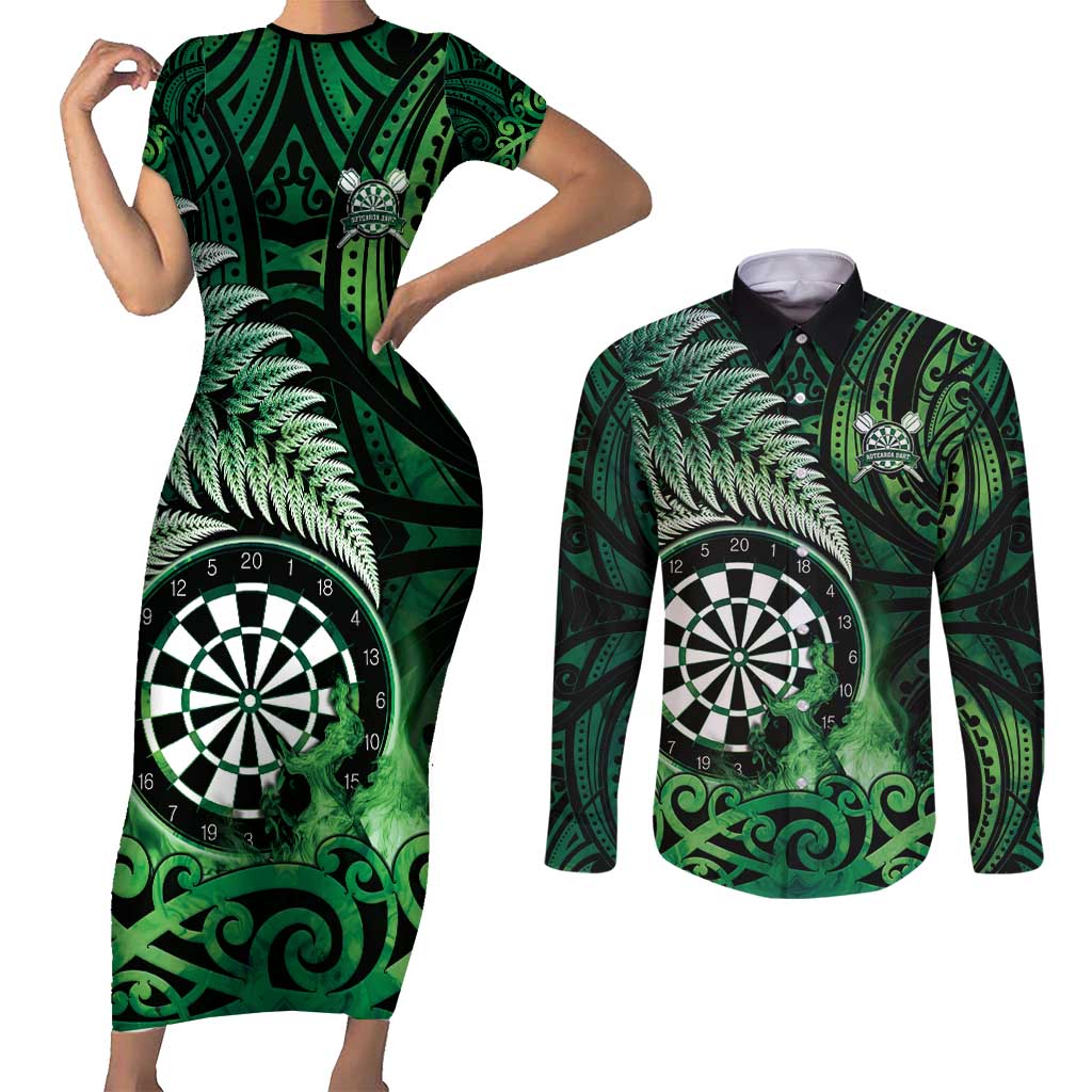 Personalised New Zealand Darts Couples Matching Short Sleeve Bodycon Dress and Long Sleeve Button Shirt Maori Koru Dartboard Green Flame LT05 Green - Polynesian Pride