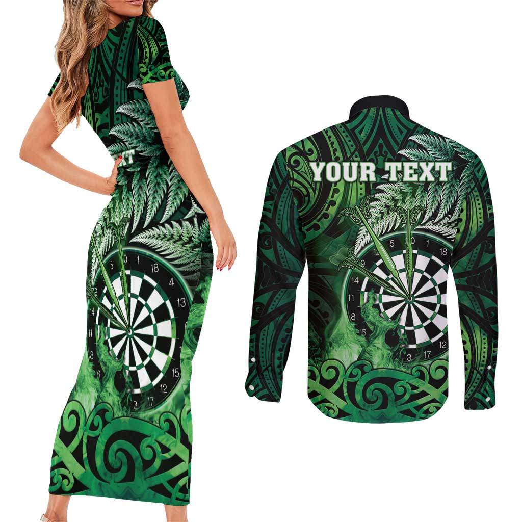 Personalised New Zealand Darts Couples Matching Short Sleeve Bodycon Dress and Long Sleeve Button Shirt Maori Koru Dartboard Green Flame LT05 - Polynesian Pride
