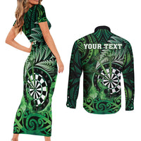 Personalised New Zealand Darts Couples Matching Short Sleeve Bodycon Dress and Long Sleeve Button Shirt Maori Koru Dartboard Green Flame LT05 - Polynesian Pride