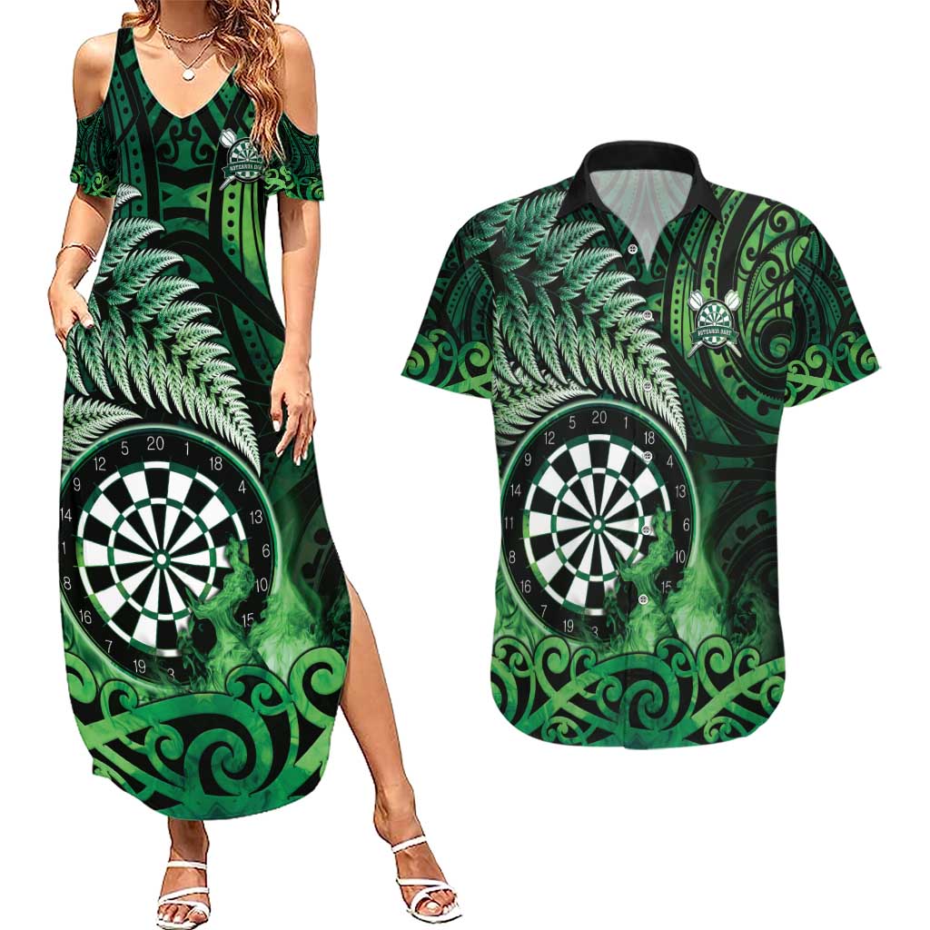 Personalised New Zealand Darts Couples Matching Summer Maxi Dress and Hawaiian Shirt Maori Koru Dartboard Green Flame LT05 Green - Polynesian Pride