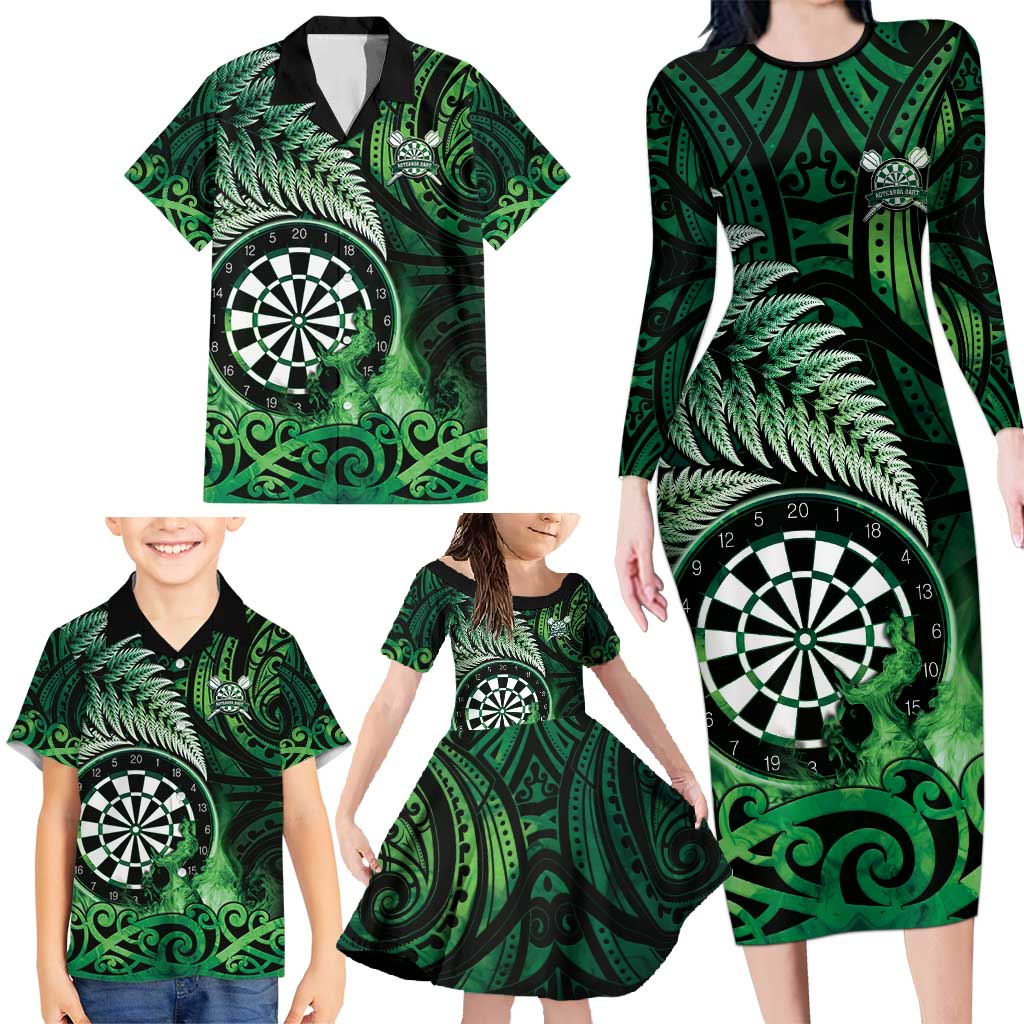 Personalised New Zealand Darts Family Matching Long Sleeve Bodycon Dress and Hawaiian Shirt Maori Koru Dartboard Green Flame LT05 - Polynesian Pride