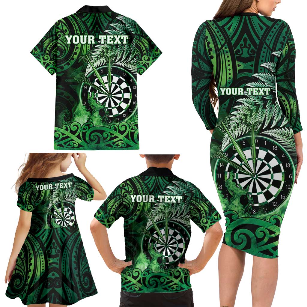 Personalised New Zealand Darts Family Matching Long Sleeve Bodycon Dress and Hawaiian Shirt Maori Koru Dartboard Green Flame LT05 - Polynesian Pride